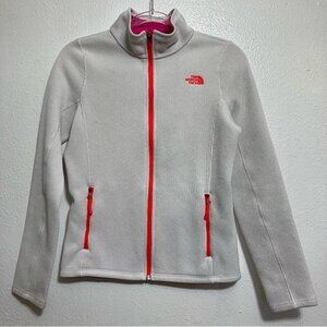 The North Face Krestwood Jacket White/Orange Ribbed Sweater Knit Fleece XS Spots